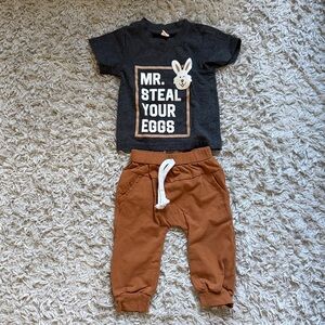 Gray Graphic Tee and Brown Pants Set
